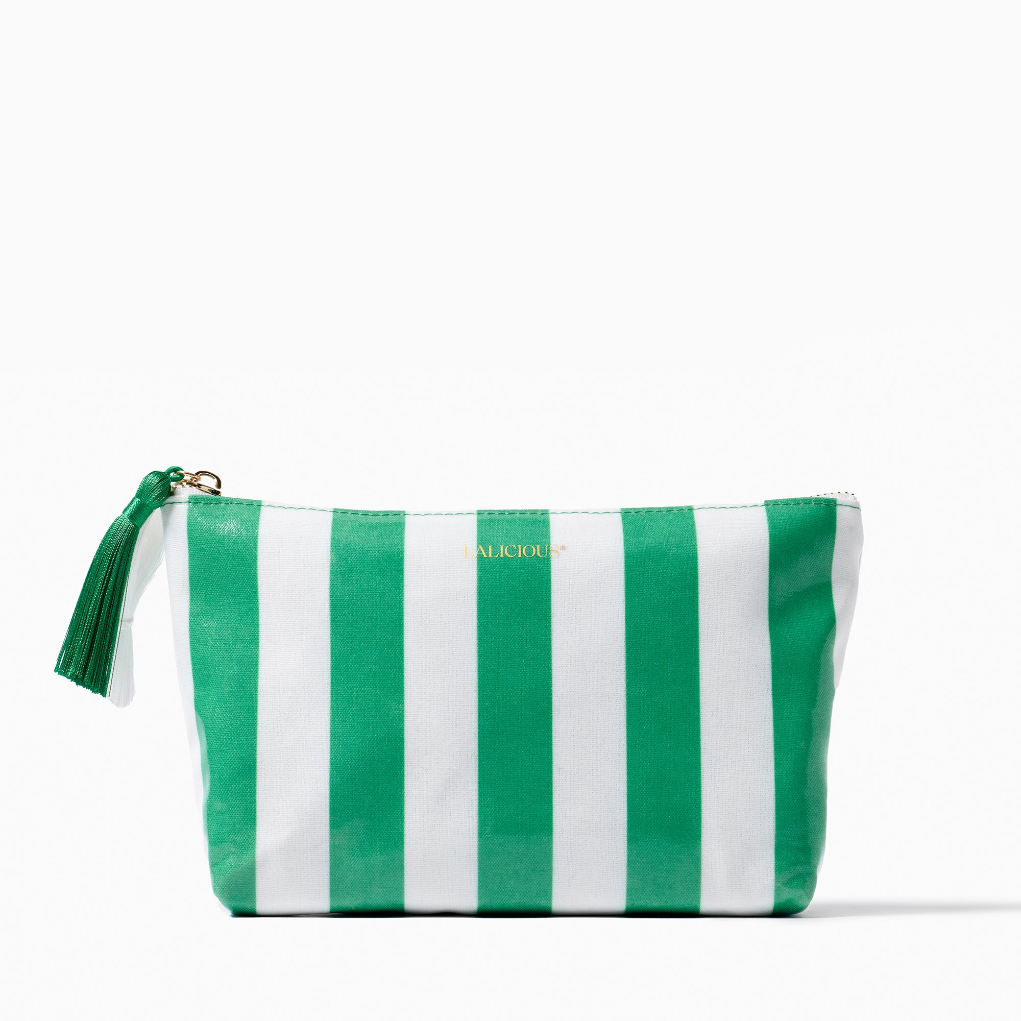 A green and white vertically striped zippered pouch with a green tassel zipper pull, featuring the brand name LALICIOUS in gold lettering on the front, set against a plain white background.