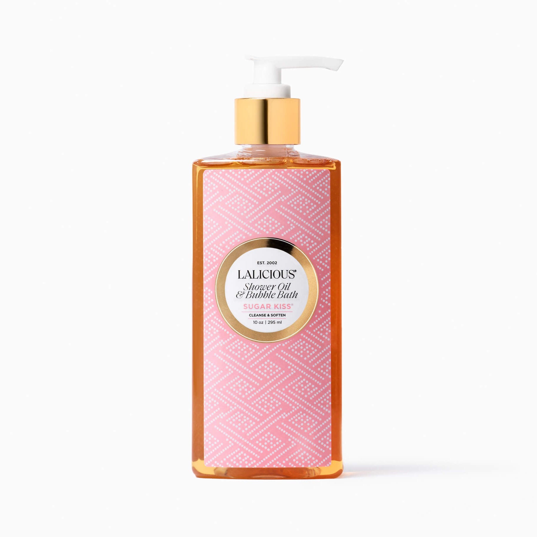 LALICIOUS 10oz  shower oil & Bubble Bath bottle with pink label and a pump on a white background