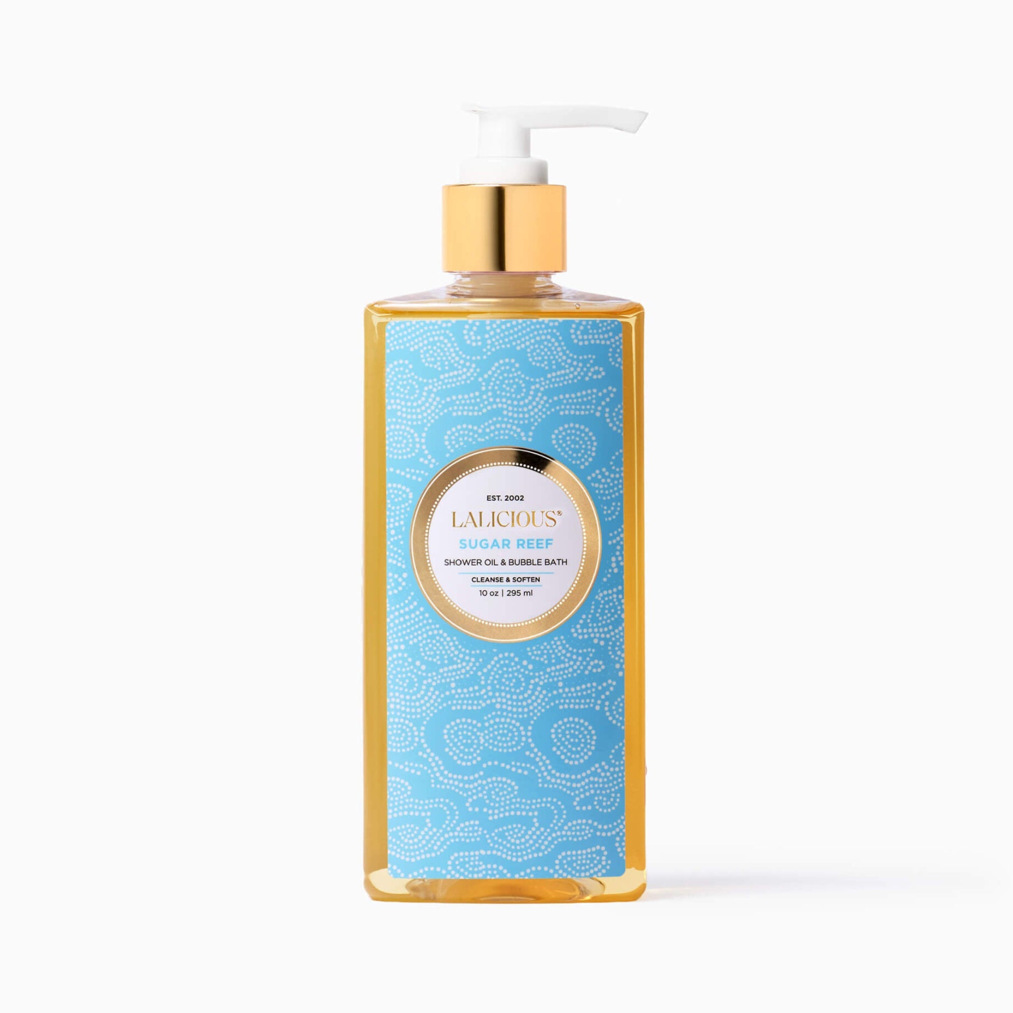 10 oz Bottle of LALICIOUS Sugar Reef shower oil with blue label on a white background