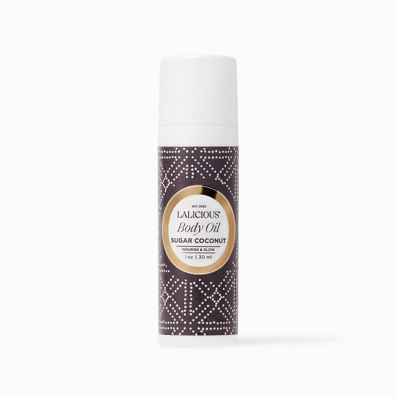 LALICIOUS 1oz Sugar Coconut Body oil bottle with pump and  decorative label on a white background