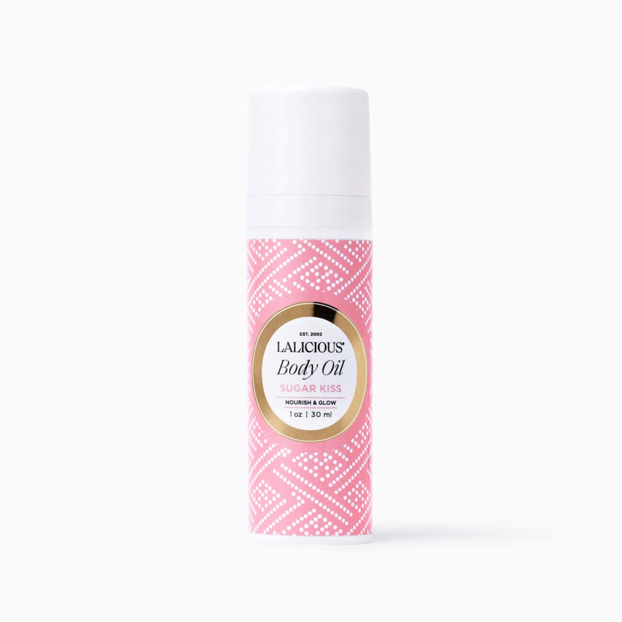 LALICIOUS Sugar Kiss 1oz Body Oil bottle with pink label on a white background