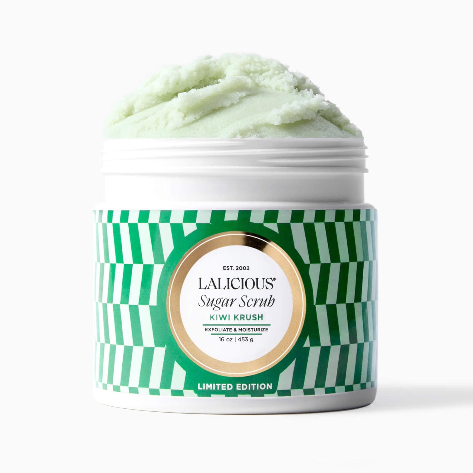 8oz Kiwi Krush Sugar Scrub with checkered label and without a cap on white background- LALICIOUS