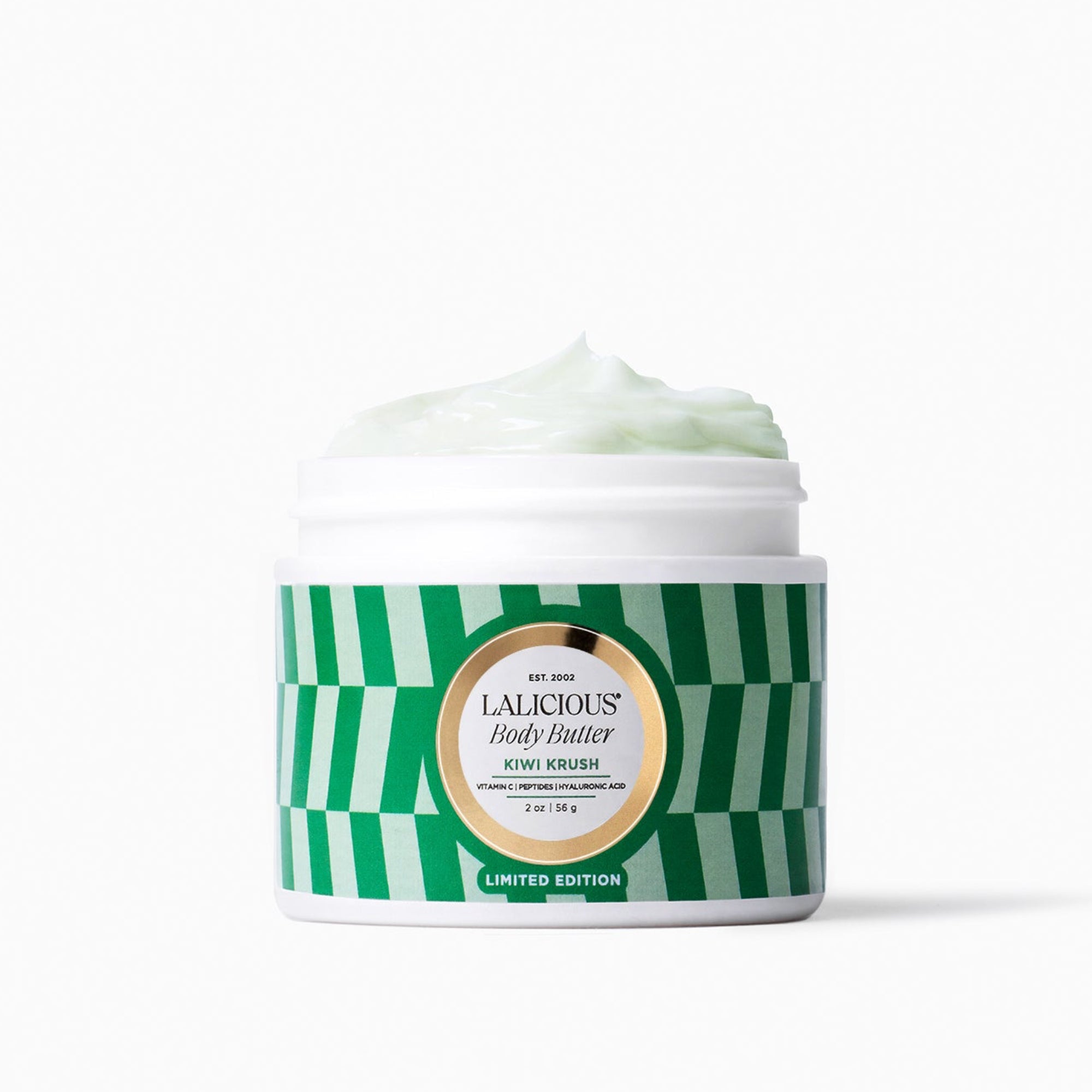 2oz Jar of Kiwi Krush Body Butter with green checkered pattern label on a white background-Jar has no cap.  LALICIOUS