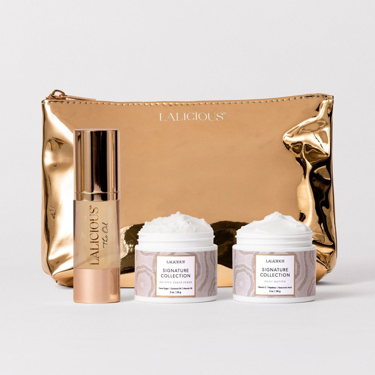The Signature Collection Travel Set  Gold bag, 2oz sugar scrub jar, 2oz body butter jar and 1oz Body Oil- LALICIOUS